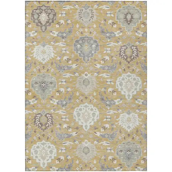 Gold Ivory And Gray Damask Washable Indoor Outdoor Area Rug Photo 2