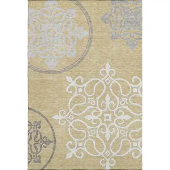 Gold Ivory And Gray Floral Medallion Washable Area Rug With UV Protection Photo 1