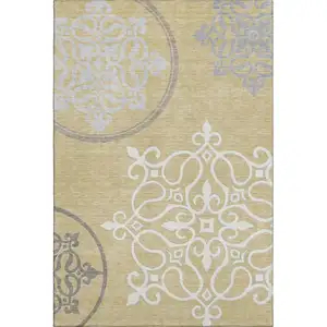 Photo of Gold Ivory And Gray Floral Medallion Washable Area Rug With UV Protection
