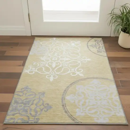 Gold Ivory And Gray Floral Medallion Washable Area Rug With UV Protection Photo 2