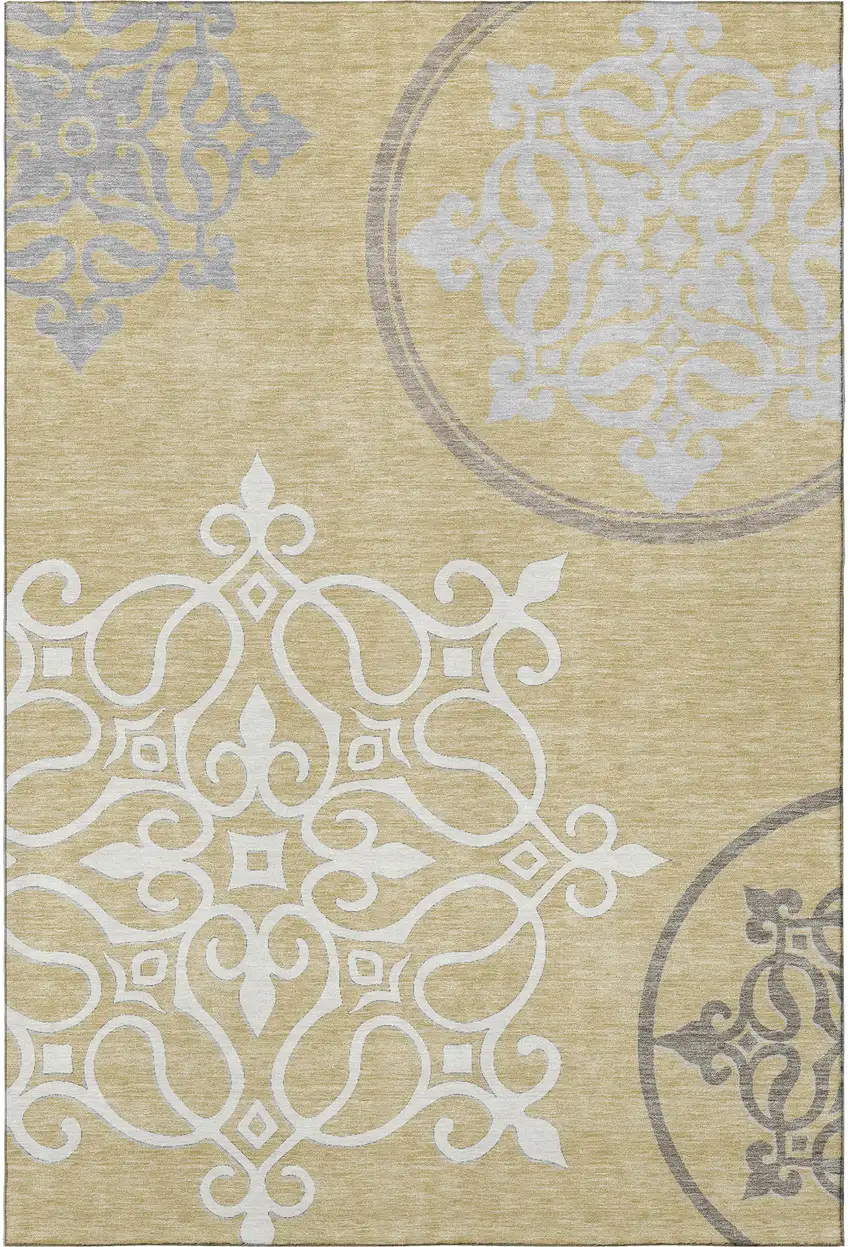 Gold Ivory And Gray Floral Medallion Washable Area Rug With UV Protection Photo 4