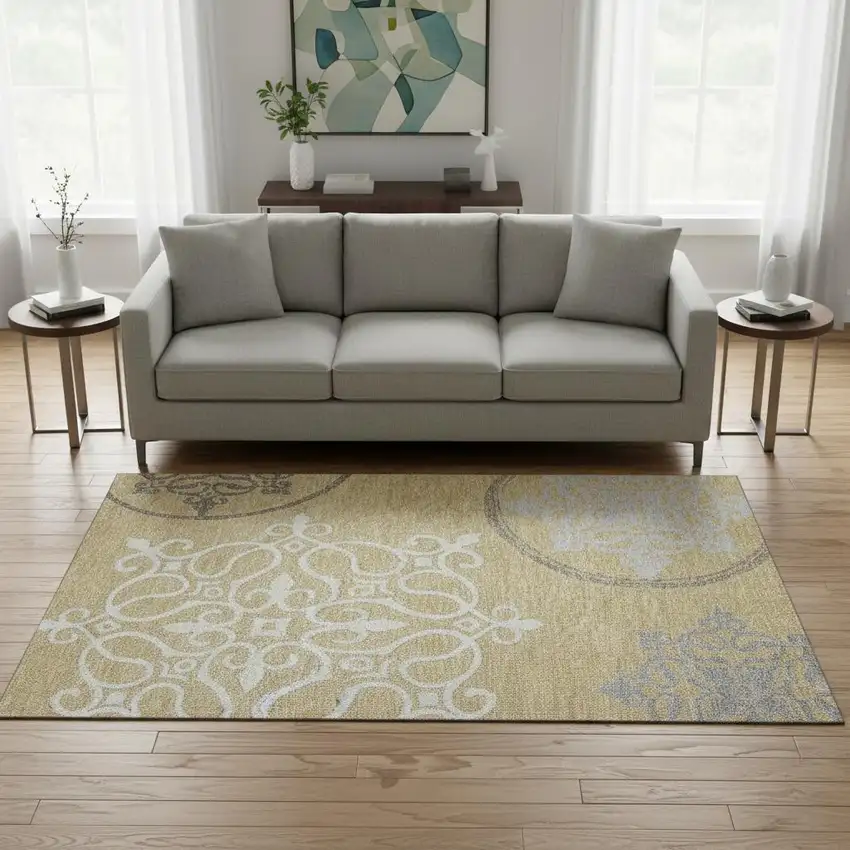 Gold Ivory And Gray Floral Medallion Washable Area Rug With UV Protection Photo 2