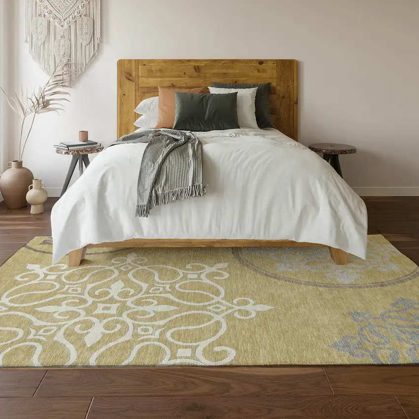 Gold Ivory And Gray Floral Medallion Washable Area Rug With UV Protection Photo 6