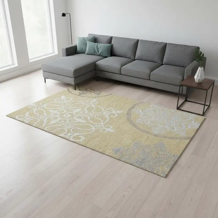 Gold Ivory And Gray Floral Medallion Washable Area Rug With UV Protection Photo 2