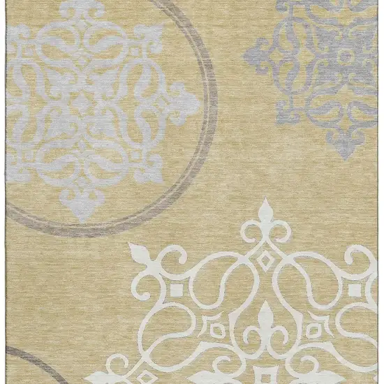 Gold Ivory And Gray Floral Medallion Washable Area Rug With UV Protection Photo 3