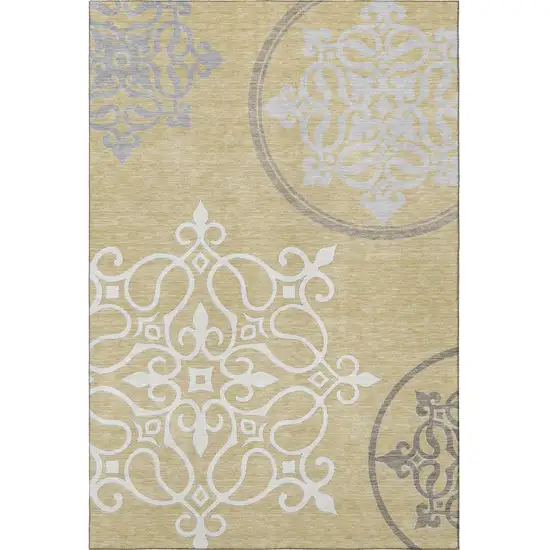 Gold Ivory And Gray Floral Medallion Washable Area Rug With UV Protection Photo 4