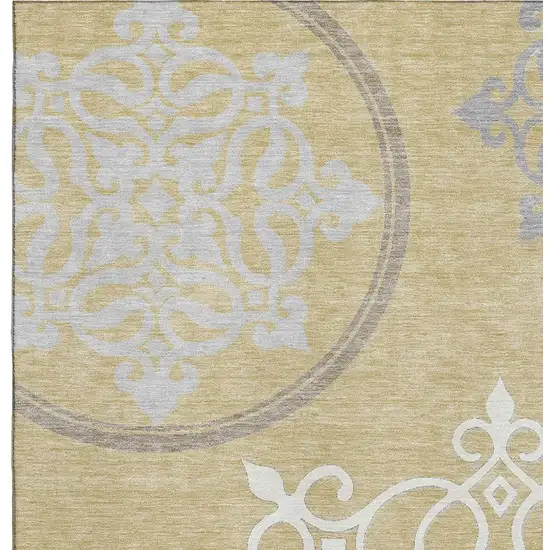 Gold Ivory And Gray Floral Medallion Washable Area Rug With UV Protection Photo 3