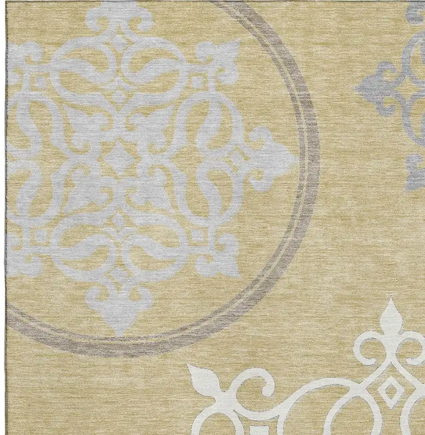 Gold Ivory And Gray Floral Medallion Washable Area Rug With UV Protection Photo 3