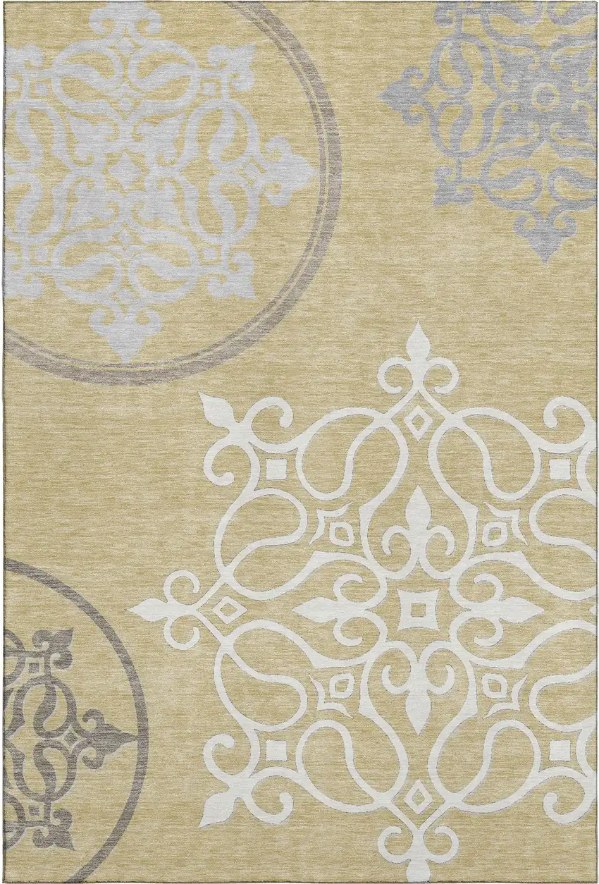 Gold Ivory And Gray Floral Medallion Washable Area Rug With UV Protection Photo 1