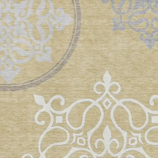 Gold Ivory And Gray Floral Medallion Washable Area Rug With UV Protection Photo 3