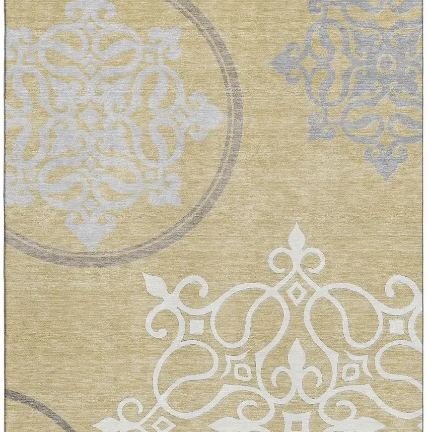 Gold Ivory And Gray Floral Medallion Washable Area Rug With UV Protection Photo 4