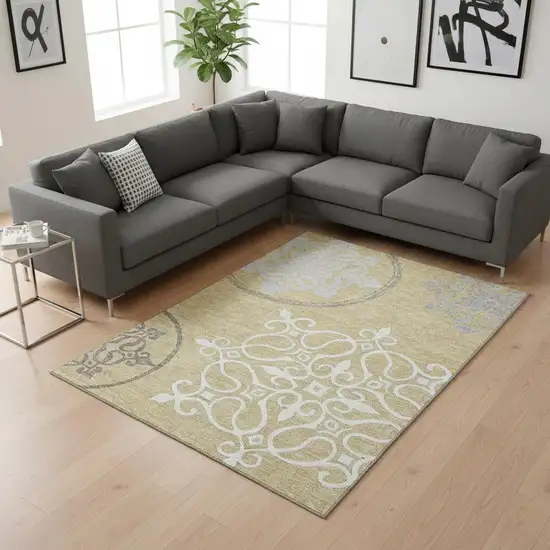 Gold Ivory And Gray Floral Medallion Washable Area Rug With UV Protection Photo 2