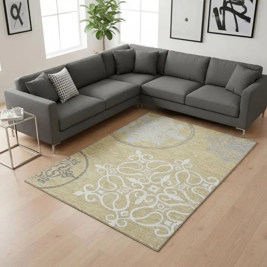 Gold Ivory And Gray Floral Medallion Washable Area Rug With UV Protection Photo 2