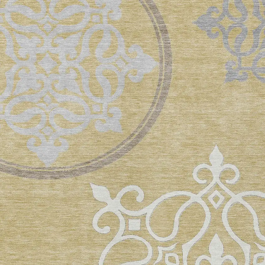 Gold Ivory And Gray Floral Medallion Washable Indoor Outdoor Area Rug Photo 6