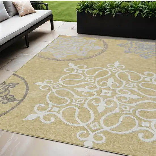 Gold Ivory And Gray Floral Medallion Washable Indoor Outdoor Area Rug Photo 1