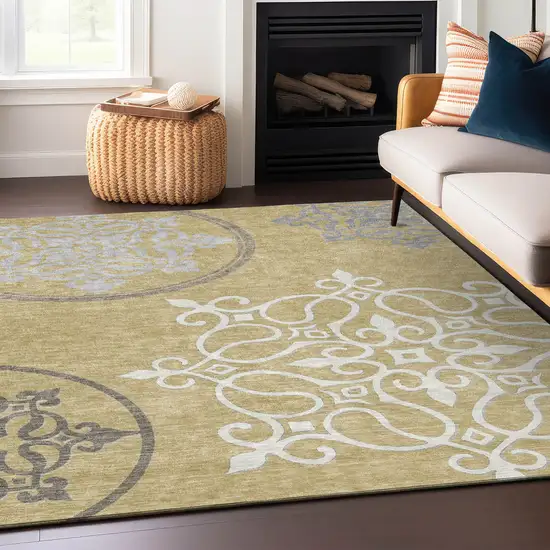 Gold Ivory And Gray Floral Medallion Washable Indoor Outdoor Area Rug Photo 9