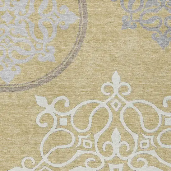 Gold Ivory And Gray Floral Medallion Washable Indoor Outdoor Area Rug Photo 6