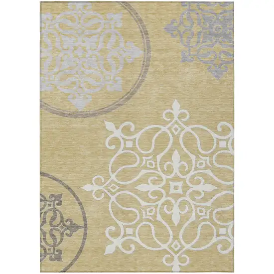 Gold Ivory And Gray Floral Medallion Washable Indoor Outdoor Area Rug Photo 2