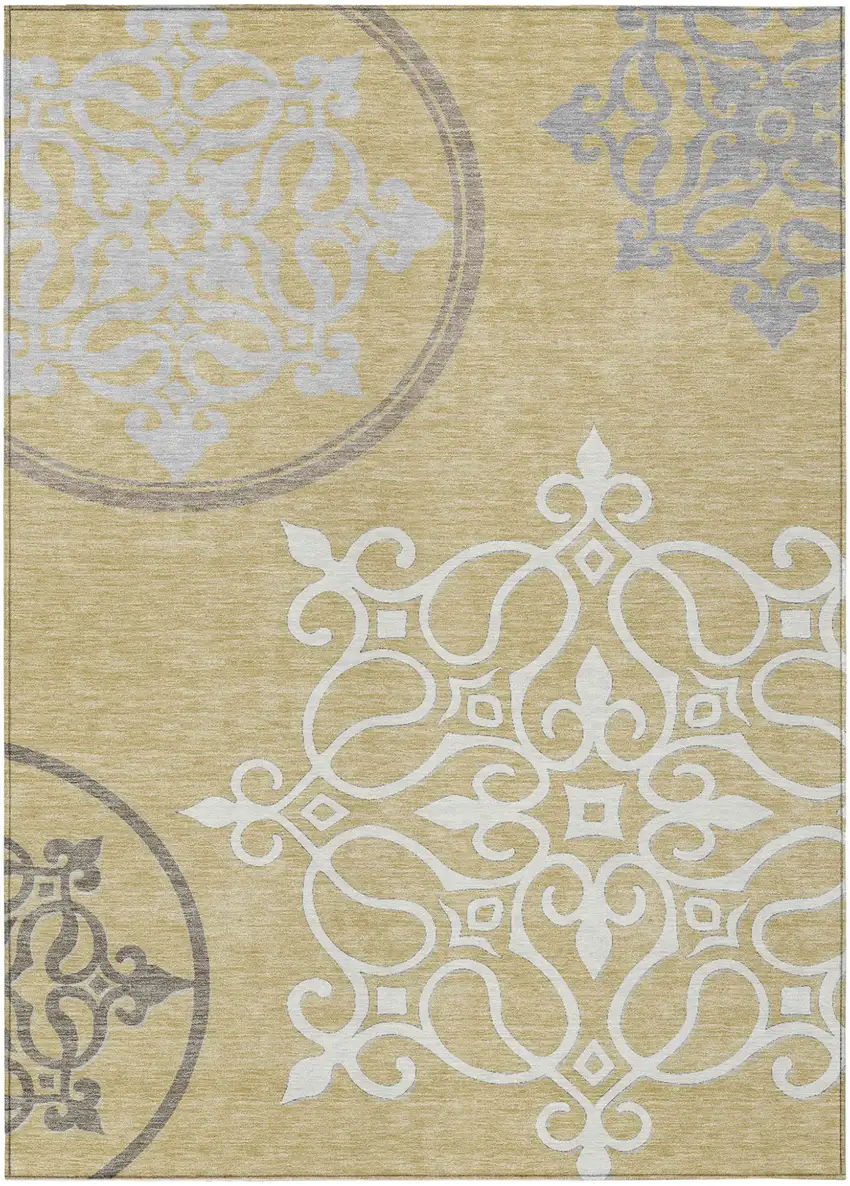 Gold Ivory And Gray Floral Medallion Washable Indoor Outdoor Area Rug Photo 2