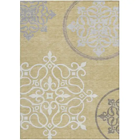 Gold Ivory And Gray Floral Medallion Washable Indoor Outdoor Area Rug Photo 6