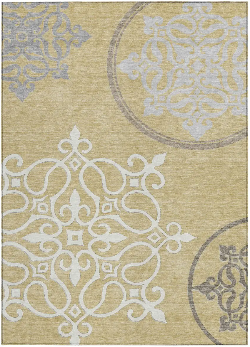 Gold Ivory And Gray Floral Medallion Washable Indoor Outdoor Area Rug Photo 6