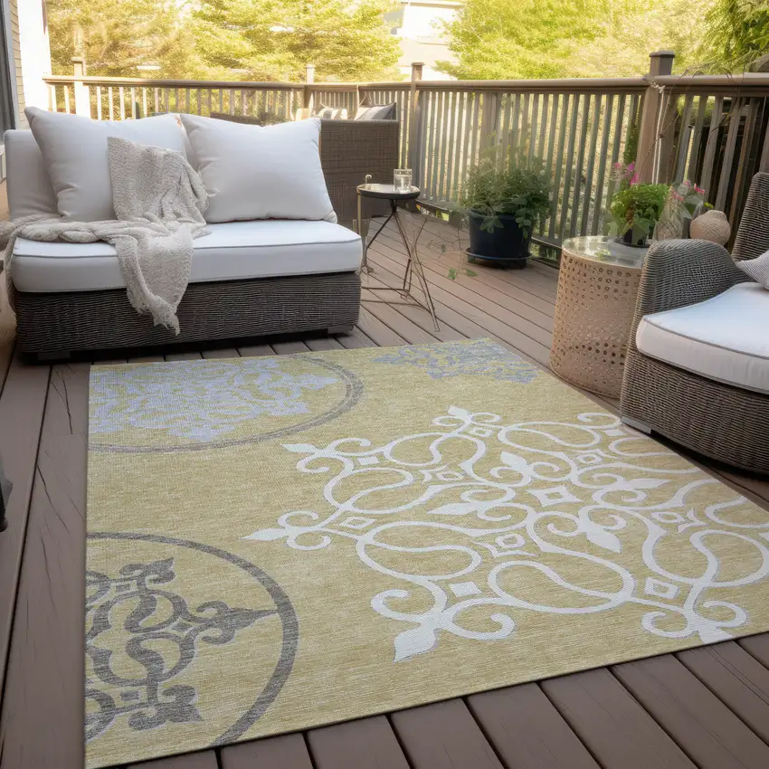 Gold Ivory And Gray Floral Medallion Washable Indoor Outdoor Area Rug Photo 9