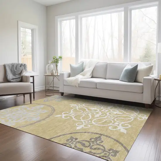 Gold Ivory And Gray Floral Medallion Washable Indoor Outdoor Area Rug Photo 9