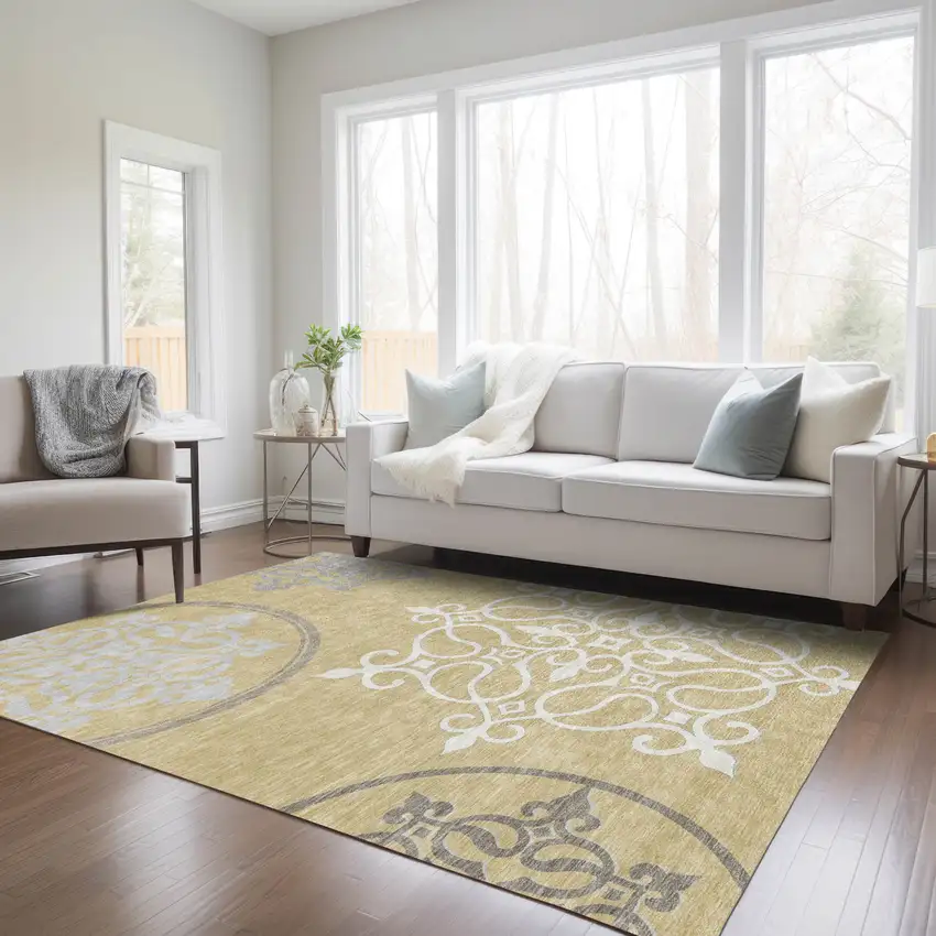 Gold Ivory And Gray Floral Medallion Washable Indoor Outdoor Area Rug Photo 9