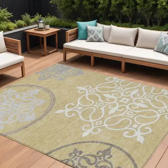 Gold Ivory And Gray Floral Medallion Washable Indoor Outdoor Area Rug Photo 1