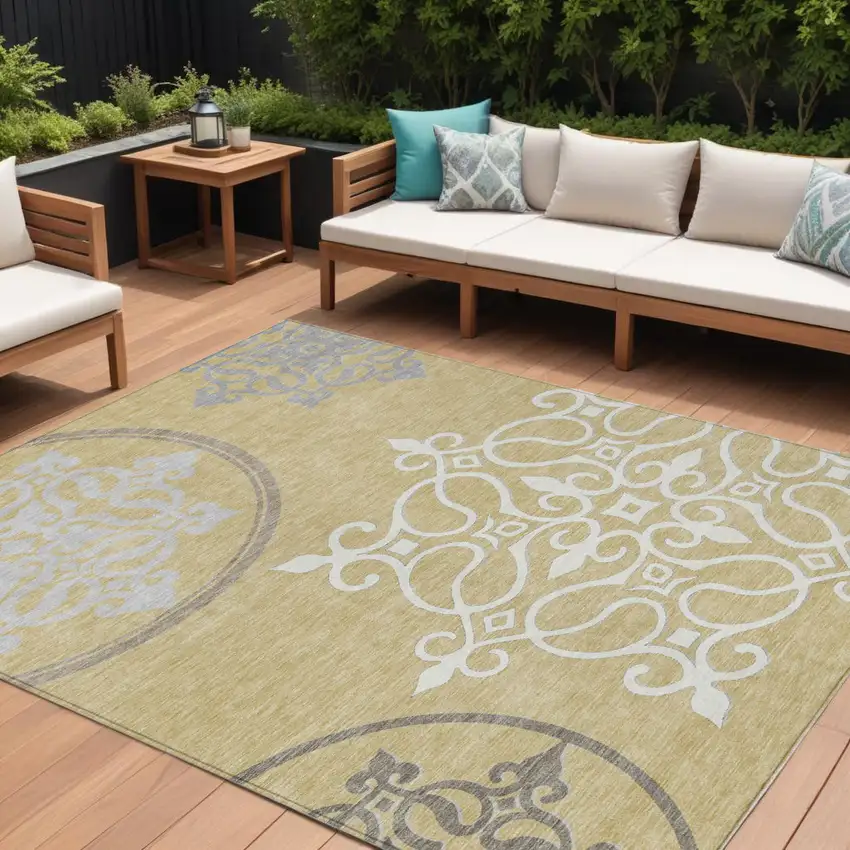 Gold Ivory And Gray Floral Medallion Washable Indoor Outdoor Area Rug Photo 1