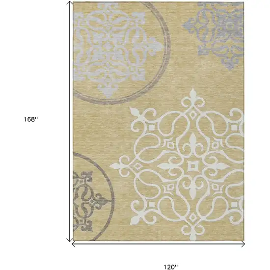 Gold Ivory And Gray Floral Medallion Washable Indoor Outdoor Area Rug Photo 3