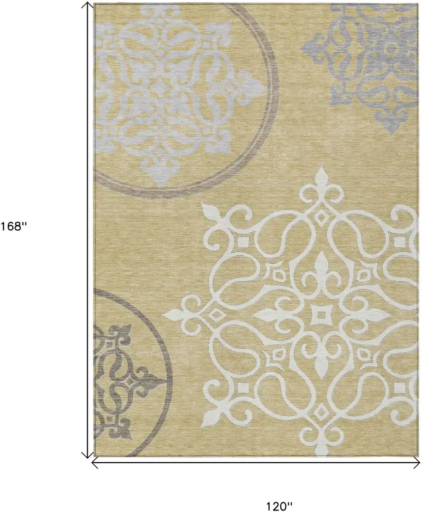 Gold Ivory And Gray Floral Medallion Washable Indoor Outdoor Area Rug Photo 3