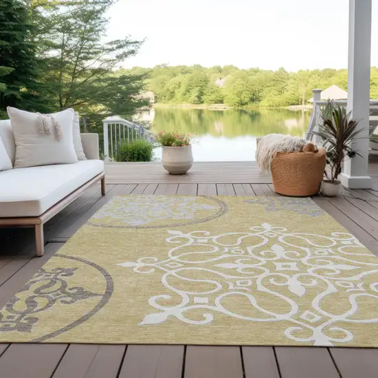 Gold Ivory And Gray Floral Medallion Washable Indoor Outdoor Area Rug Photo 8