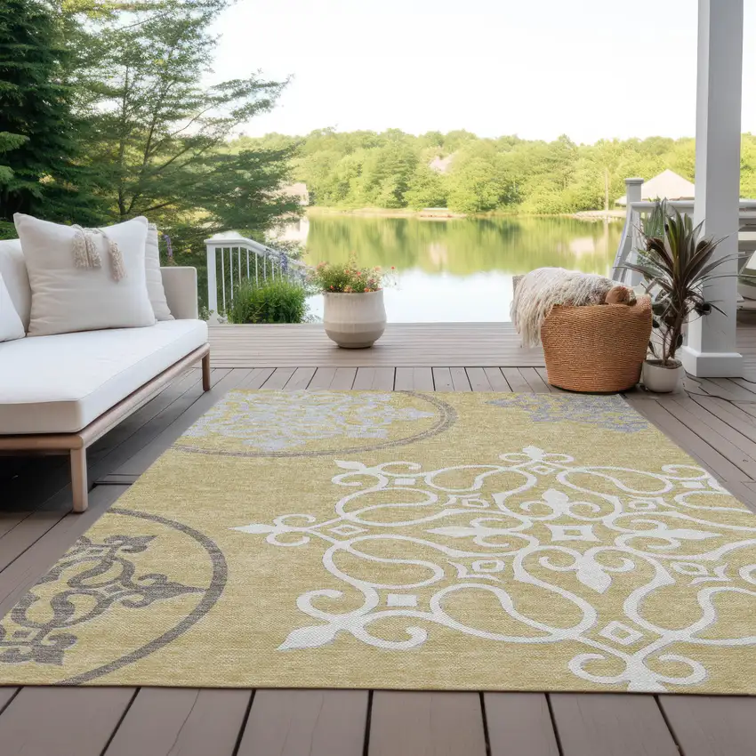 Gold Ivory And Gray Floral Medallion Washable Indoor Outdoor Area Rug Photo 8