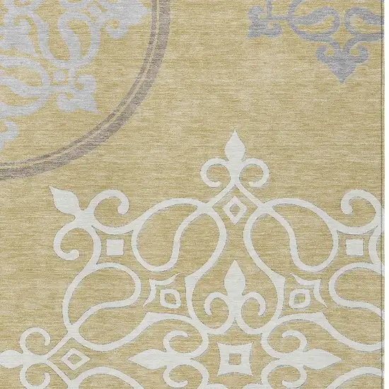Gold Ivory And Gray Floral Medallion Washable Indoor Outdoor Area Rug Photo 6