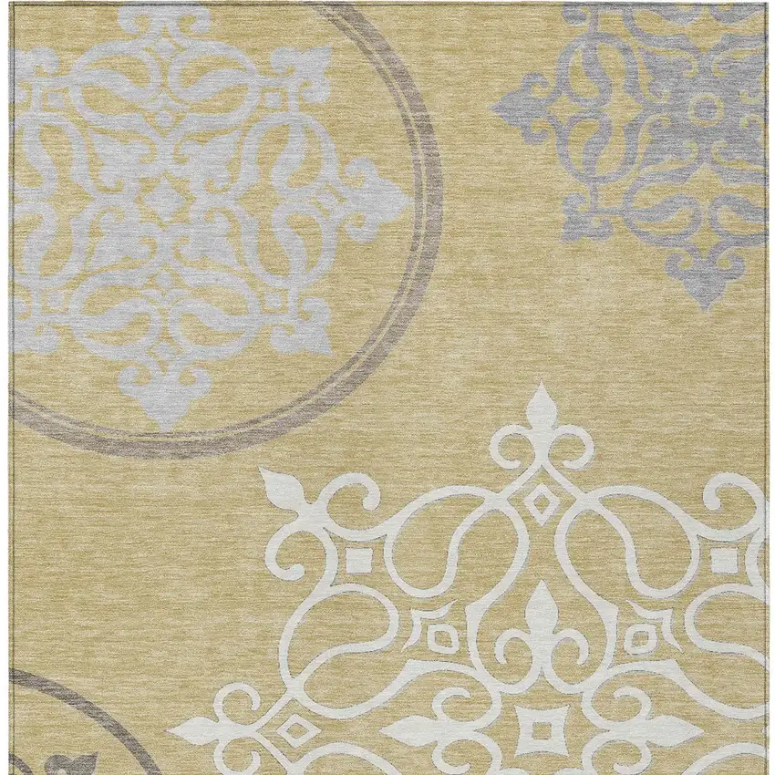 Gold Ivory And Gray Floral Medallion Washable Indoor Outdoor Area Rug Photo 7
