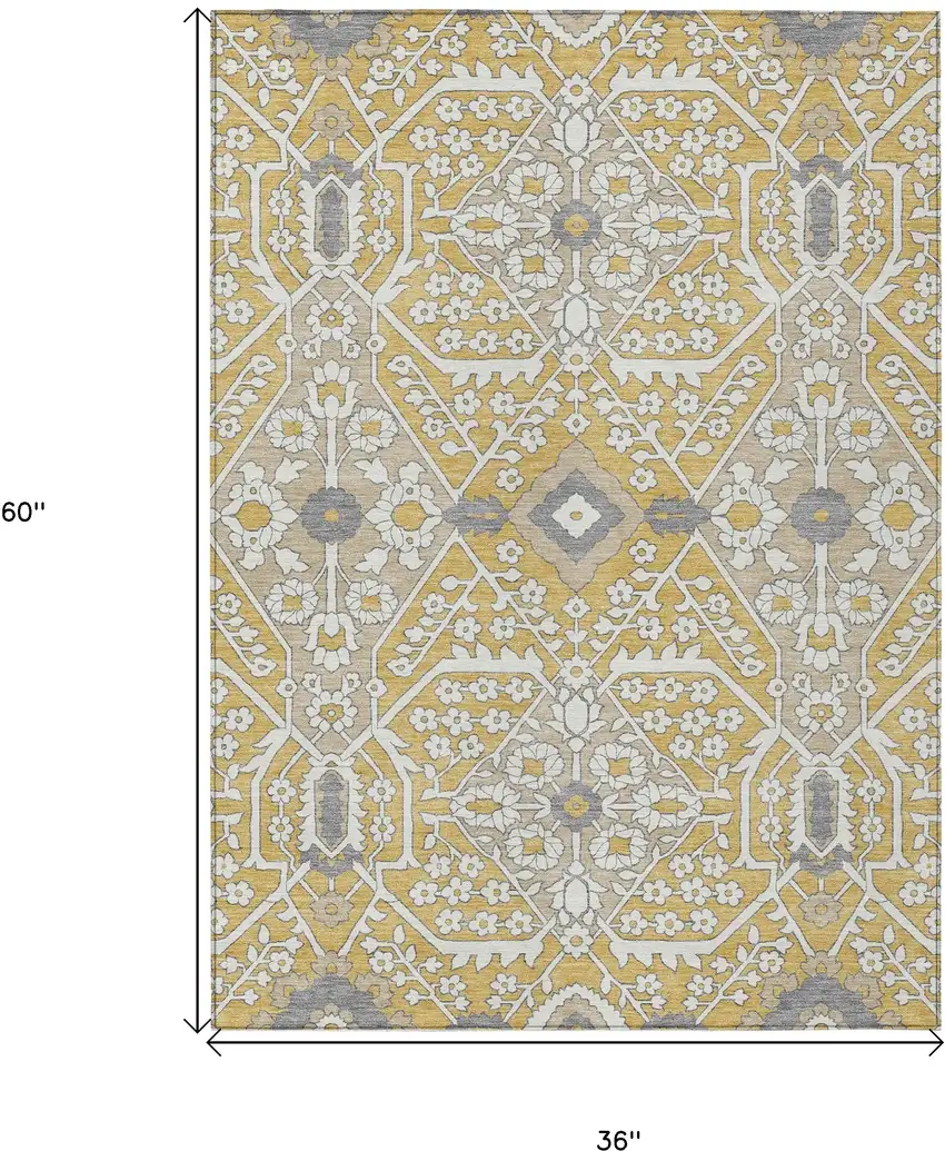 Gold Ivory And Gray Floral Washable Indoor Outdoor Area Rug Photo 3