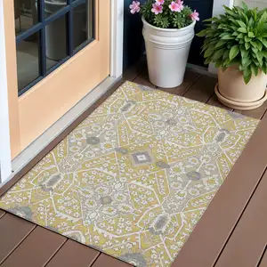Photo of Gold Ivory And Gray Floral Washable Indoor Outdoor Area Rug