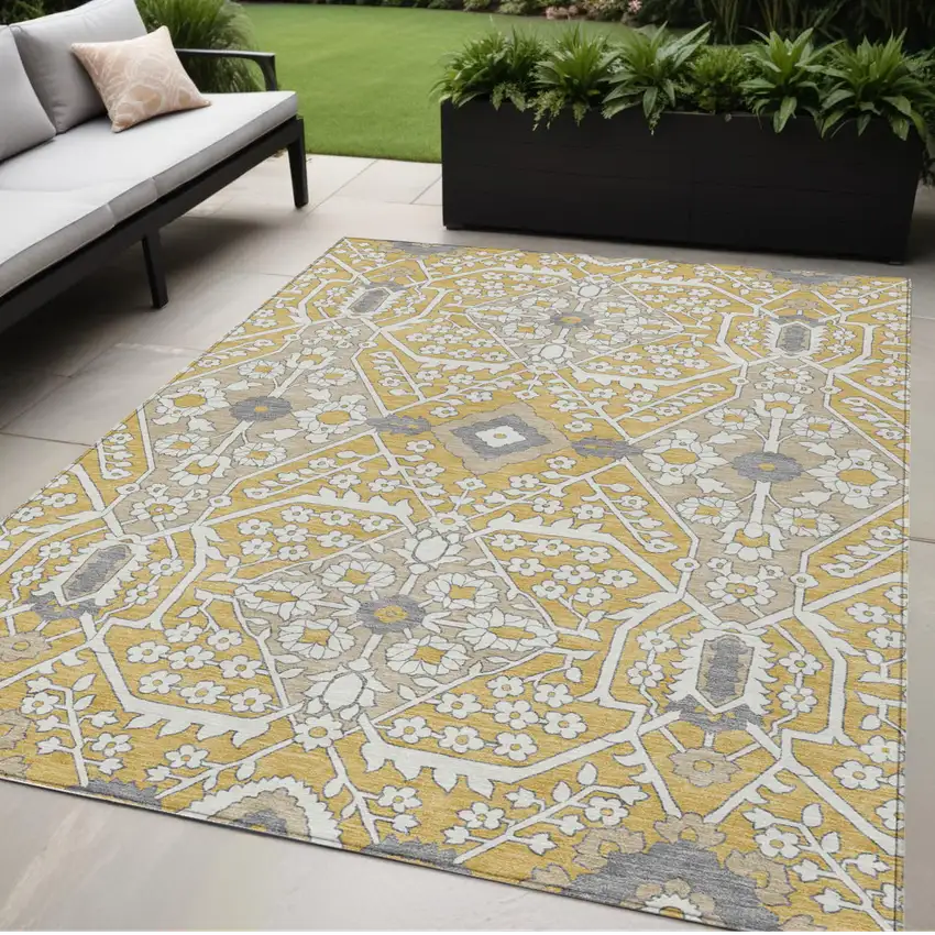 Gold Ivory And Gray Floral Washable Indoor Outdoor Area Rug Photo 1