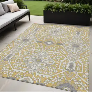 Photo of Gold Ivory And Gray Floral Washable Indoor Outdoor Area Rug