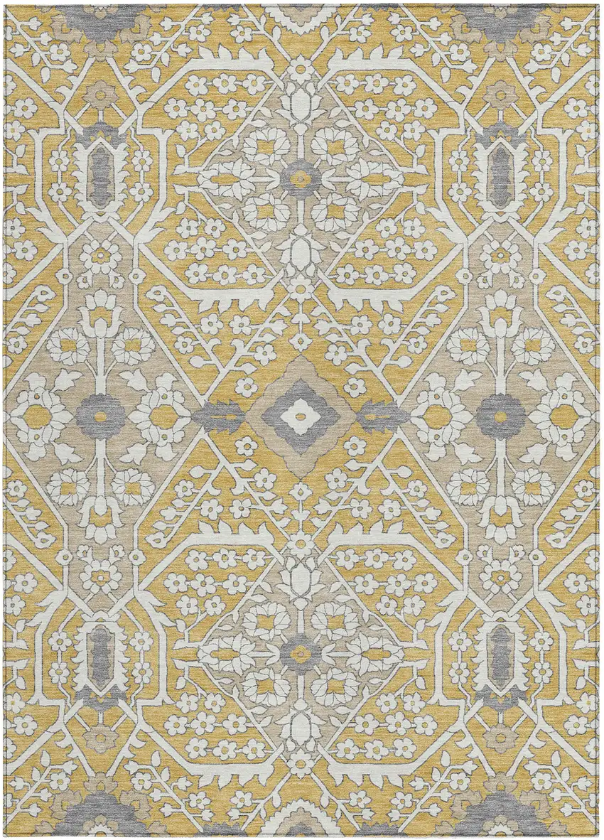 Gold Ivory And Gray Floral Washable Indoor Outdoor Area Rug Photo 8