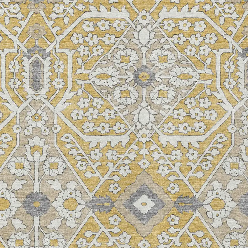 Gold Ivory And Gray Floral Washable Indoor Outdoor Area Rug Photo 6