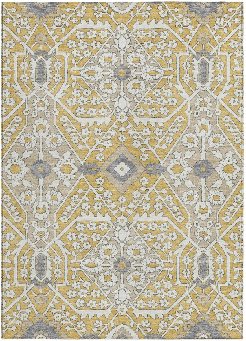 Gold Ivory And Gray Floral Washable Indoor Outdoor Area Rug Photo 8