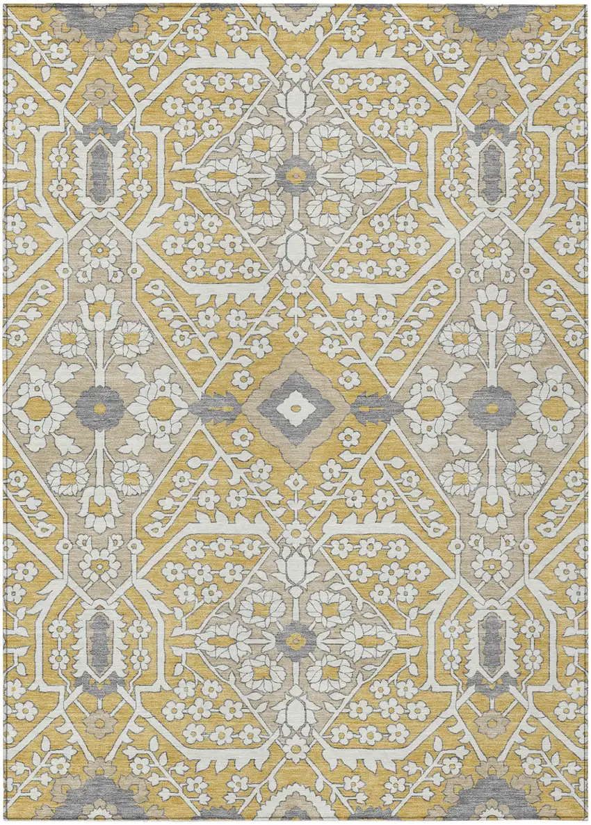Gold Ivory And Gray Floral Washable Indoor Outdoor Area Rug Photo 2