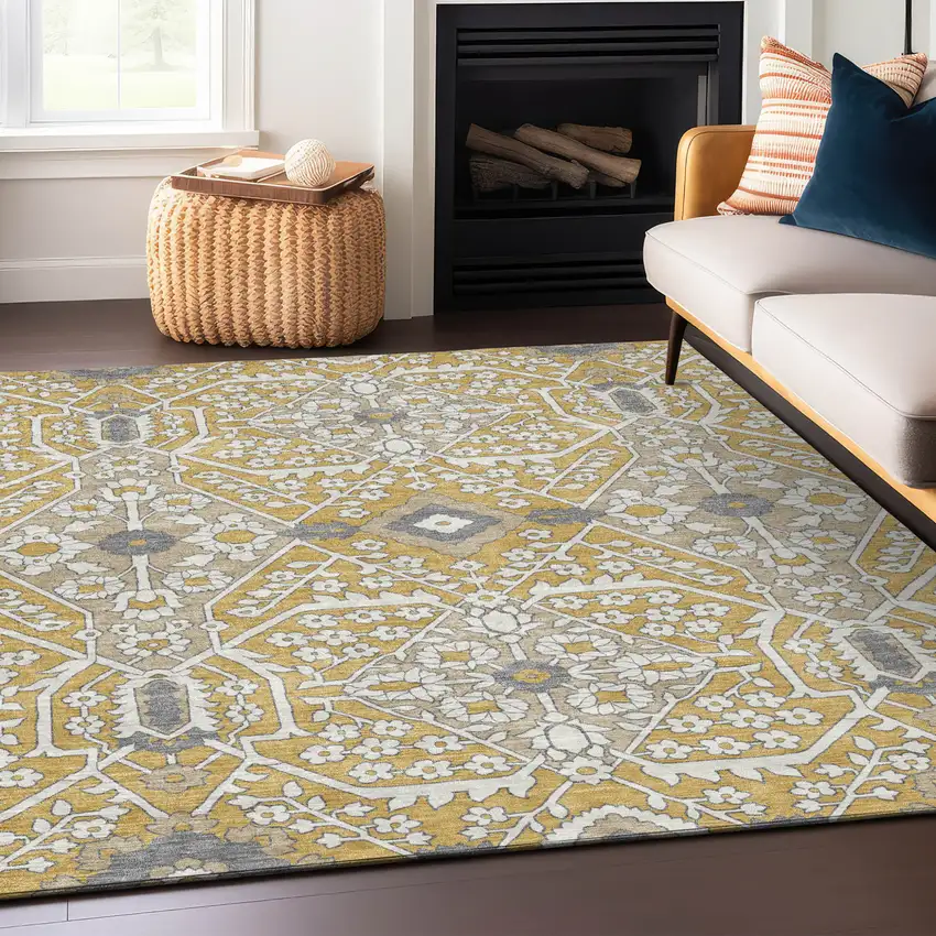Gold Ivory And Gray Floral Washable Indoor Outdoor Area Rug Photo 9