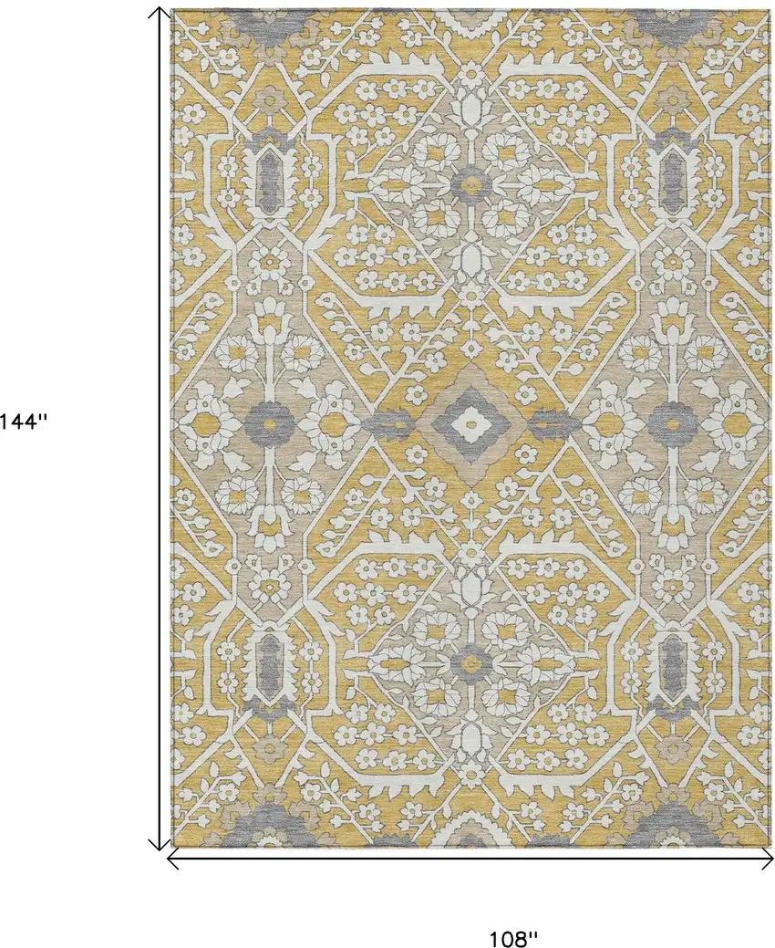 Gold Ivory And Gray Floral Washable Indoor Outdoor Area Rug Photo 3