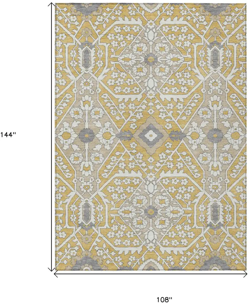 Gold Ivory And Gray Floral Washable Indoor Outdoor Area Rug Photo 3