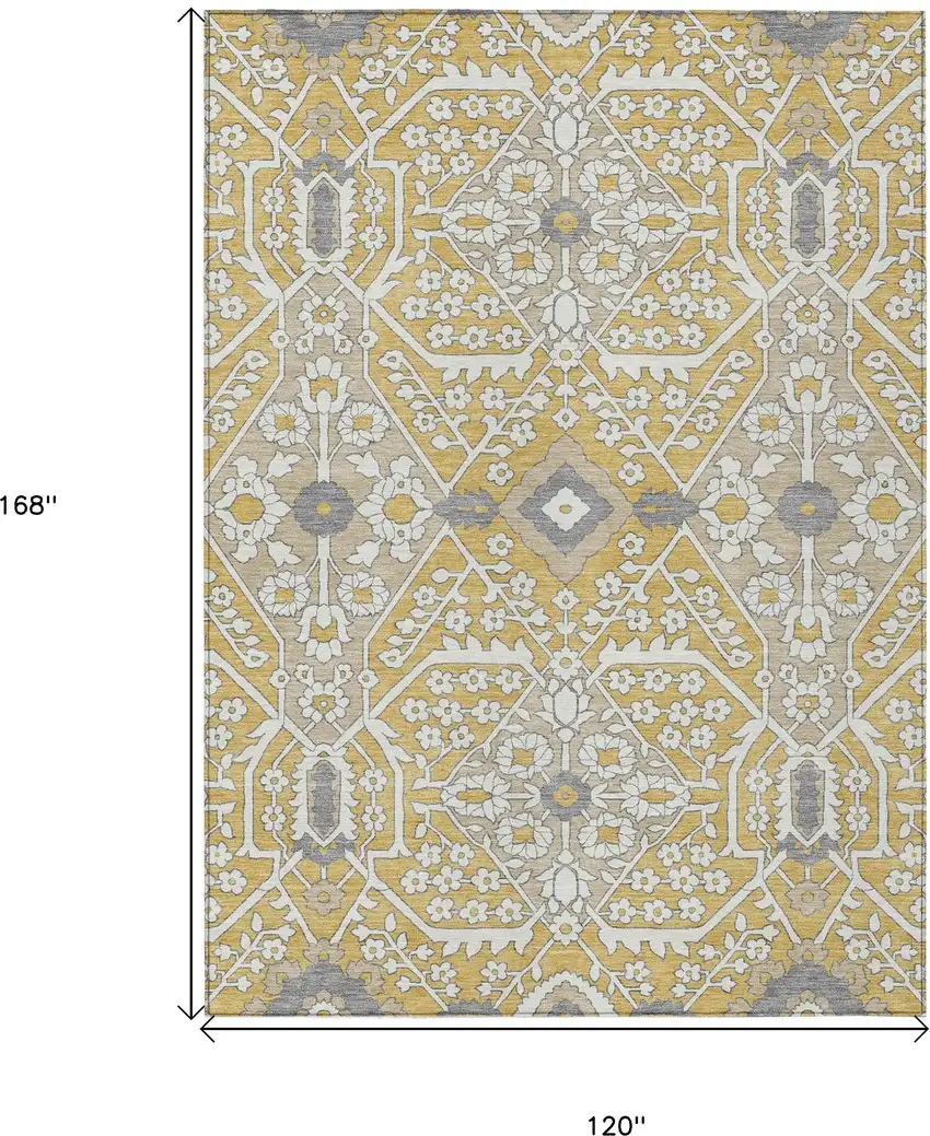 Gold Ivory And Gray Floral Washable Indoor Outdoor Area Rug Photo 3