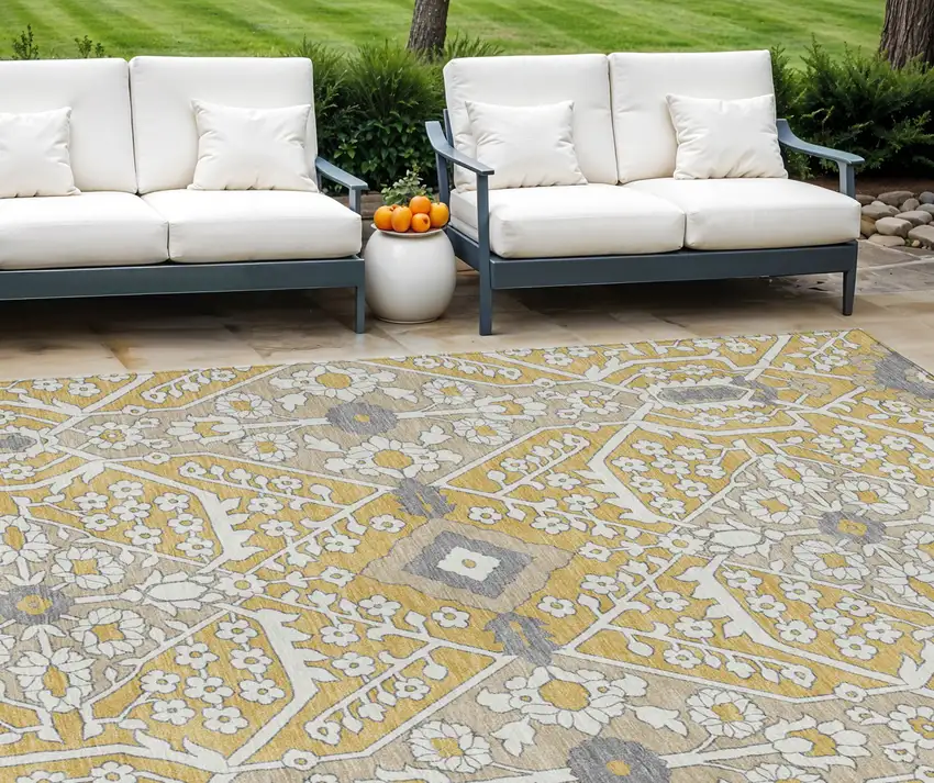 Gold Ivory And Gray Floral Washable Indoor Outdoor Area Rug Photo 1