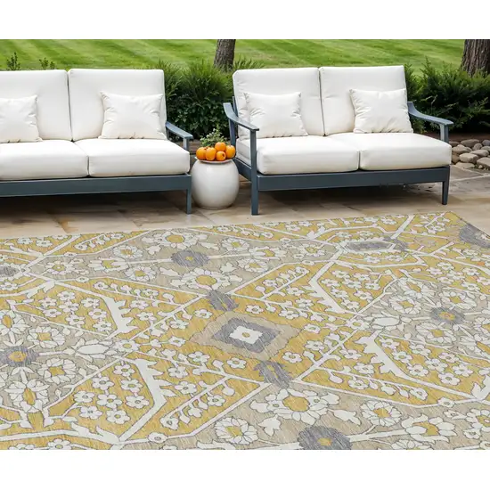 Gold Ivory And Gray Floral Washable Indoor Outdoor Area Rug Photo 1